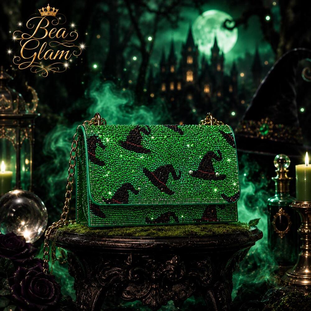 Betsey Johnson Green Witch Hat Bag | Rhinestone Crystal Crossbody Purse